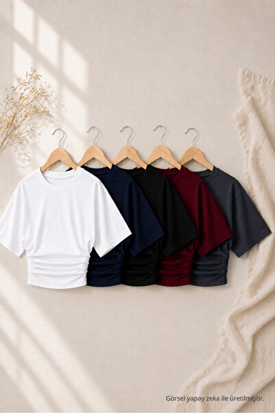 COMBİNE MİCHAİL Kadın Yarasa Kollu Basic Dar 5 Li Crop Bluz