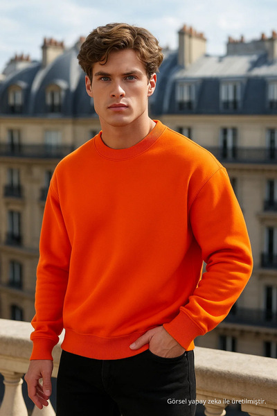 COMBİNE MİCHAİL Men's Crew Neck Oversize Orange Sweater