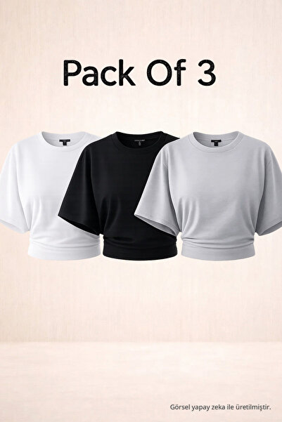 COMBİNE MİCHAİL Women's Bat Sleeve Summer 3-Piece Crop Blouse