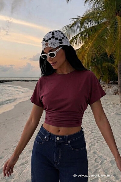 COMBİNE MİCHAİL Women's Bat Sleeve Tight Burgundy Crop T-Shirt
