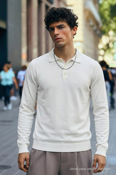 COMBİNE MİCHAİL Men's Long Sleeve Regular Cut White Sweater