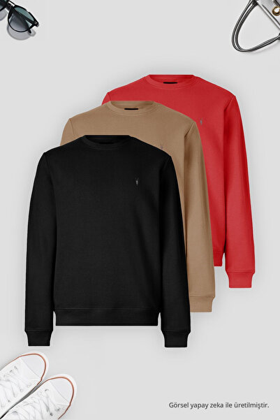COMBİNE MİCHAİL Men's 3-Pack Black-Red-Caramel Sweatshirt Basic Crew Neck