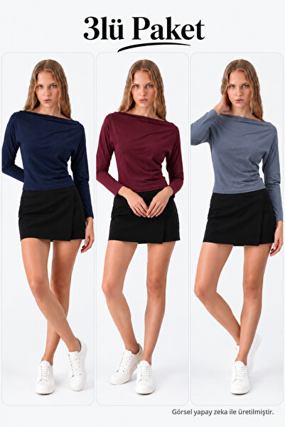COMBİNE MİCHAİL Women's Boat Neck Basic Slim Blouse 3-Piece Set