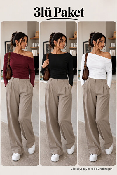 COMBİNE MİCHAİL Women's Boat Neck Basic Slim Blouse 3-Piece