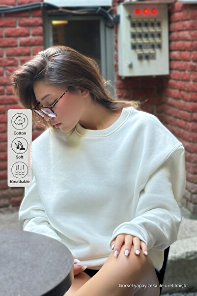 COMBİNE MİCHAİL Kadın Bisiklet Yaka Basic Oversize Sweatshirt EKRU