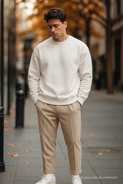 COMBİNE MİCHAİL Men's Casual Basic White Loose Sweater