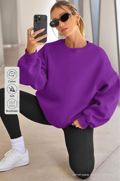 COMBİNE MİCHAİL Kadın Bisiklet Yaka Basic Oversize Sweatshirt MOR