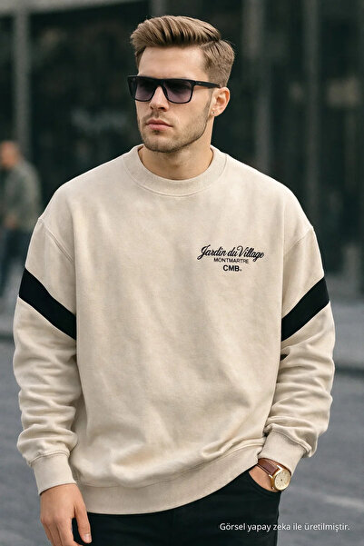 COMBİNE MİCHAİL Erkek Kışlık Baskılı Oversize Krem Sweatshirt