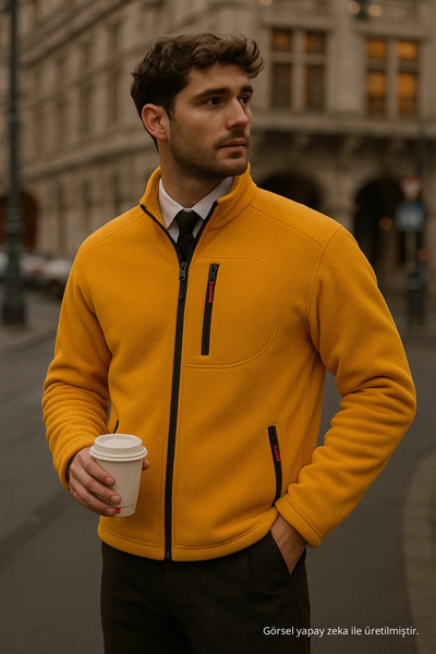 COMBİNE MİCHAİL Men's Mock Neck Zippered Yellow Loose Fleece