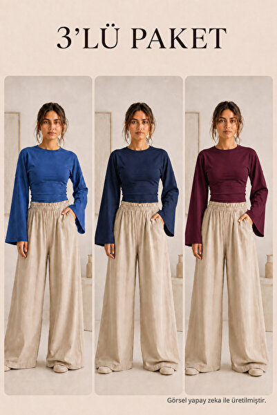COMBİNE MİCHAİL Kadın Basic Geniş Kol 3 Lü Crop Bluz