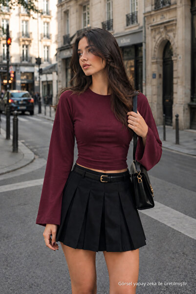 COMBİNE MİCHAİL Kadın Casual Pamuk Bel Vurgulu Bordo Bluz