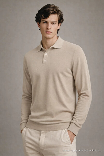 COMBİNE MİCHAİL Men's Casual Cream Polo Neck Knit Sweater