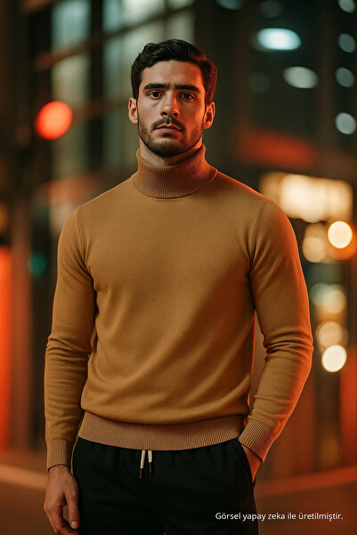 COMBİNE MİCHAİL Men's Half Turtleneck Brown Knit Sweater