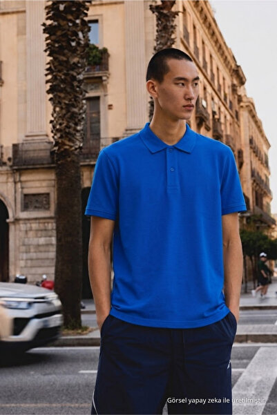 COMBİNE MİCHAİL Men's Basic Loose Blue Polo Neck T-Shirt