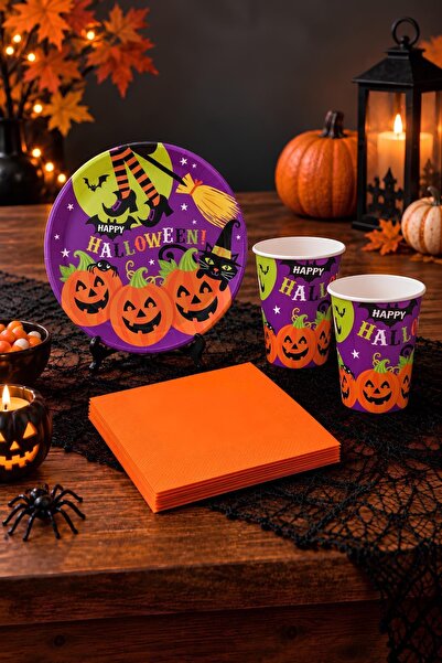 Patladı Gitti Cadılar Bayramı Halloween Kabak Temalı Mor Konsept Bardak Tabak...