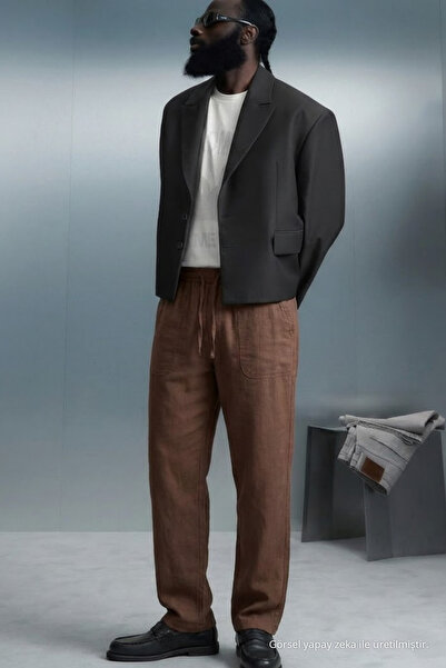 COMBİNE MİCHAİL Men's Elastic Waist Brown Linen Trousers