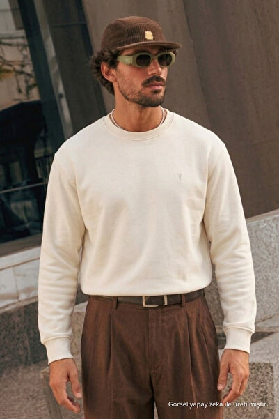 COMBİNE MİCHAİL Ecru Loose Fit Comfortable Men's Sweatshirt