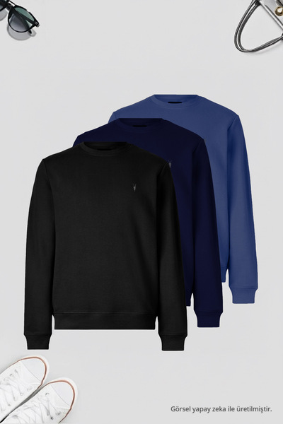 COMBİNE MİCHAİL Erkek 3-lü indigo-lacivert-Siyah Sweatshirt Basic Bisiklet Yaka