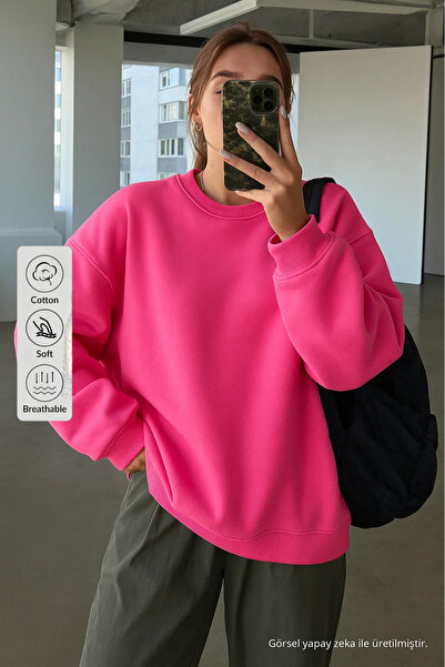 COMBİNE MİCHAİL Kadın Bisiklet Yaka Oversize Pembe Sweat