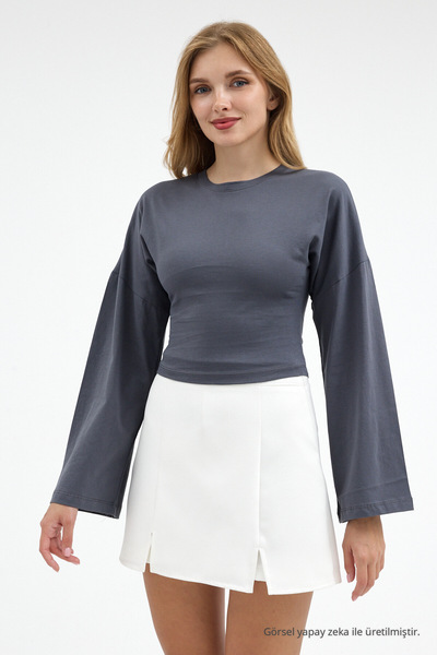 COMBİNE MİCHAİL Kadın Basic Geniş Kol Füme Crop Bluz