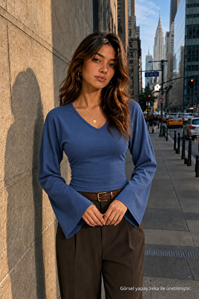COMBİNE MİCHAİL Kadın Örme Pamuklu Slim Kesim Mavi Bluz