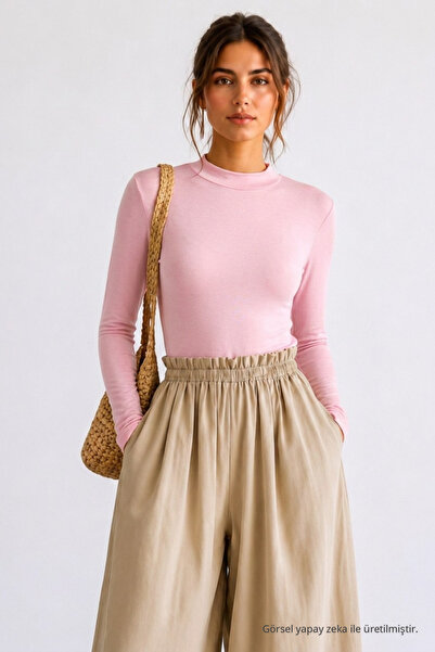 COMBİNE MİCHAİL Kadın Bodycone Crop Uzun Kollu Pembe Bluz