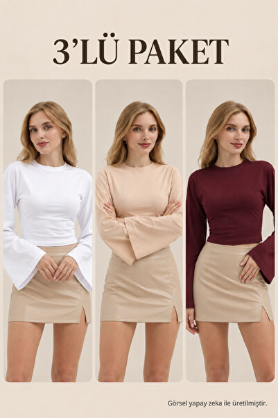 COMBİNE MİCHAİL Kadın Bele Oturan Casual 3 Lü Crop Bluz