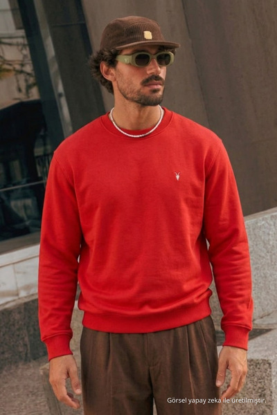 COMBİNE MİCHAİL Red Loose Fit Comfortable Men's Sweatshirt