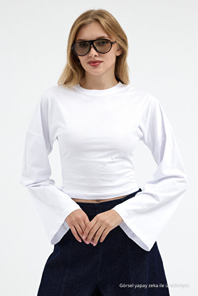 COMBİNE MİCHAİL Kadın Basic Geniş Kol Beyaz Crop Bluz