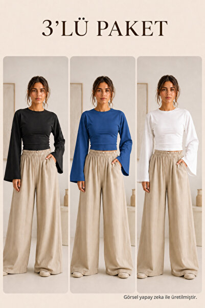 COMBİNE MİCHAİL Kadın Basic Geniş Kol 3 Lü Crop Bluz