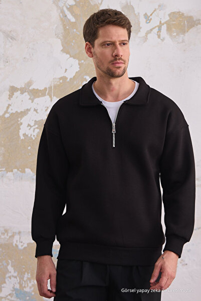COMBİNE MİCHAİL Men's Half Zipper Regular Fit Sweatshirt Black