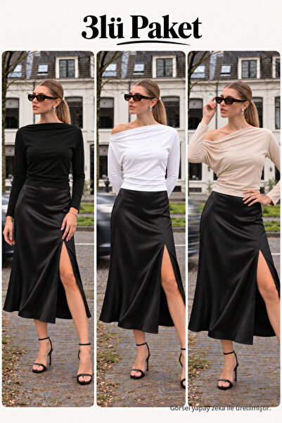 COMBİNE MİCHAİL Women's Boat Neck Basic Slim Blouse 3-Piece Set