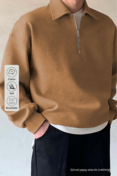 COMBİNE MİCHAİL Men's Half Zipper Casual Sweatshirt Caramel