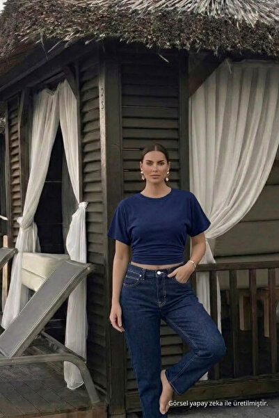 COMBİNE MİCHAİL Women's Premium Slim Fit Navy Blue Crop T-Shirt
