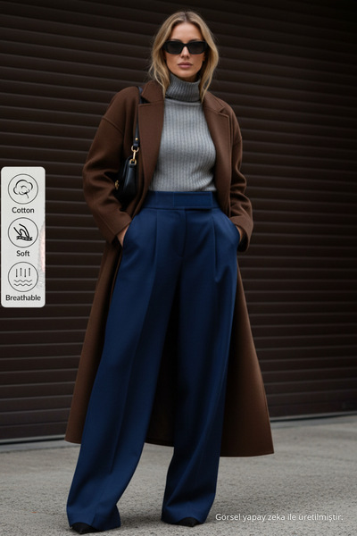 COMBİNE MİCHAİL Women's High Waist Loose Blue Palazzo Pants