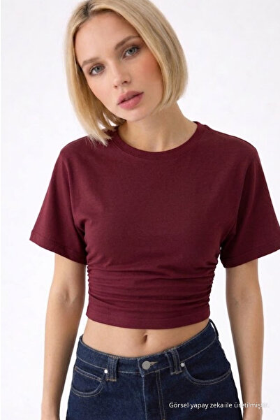 COMBİNE MİCHAİL Women's Fashion Slim Fit Burgundy Crop T-Shirt