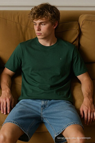 COMBİNE MİCHAİL Men's Short Sleeve Comfortable Cotton T-Shirt in Dark Green