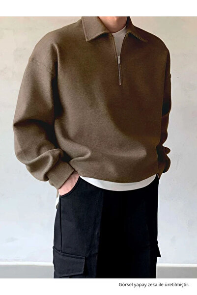 COMBİNE MİCHAİL Erkek Polo Yaka Yarım Fermuarlı Sweatshirt KAHVE