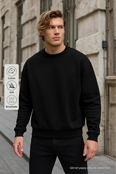 COMBİNE MİCHAİL Erkek Bisiklet Yaka Salaş Siyah Sweatshirt