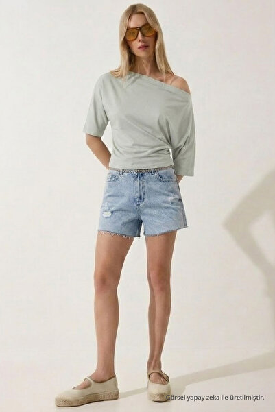 COMBİNE MİCHAİL Women's Off-The-Shoulder Short Sleeve Gray Tight T-Shirt
