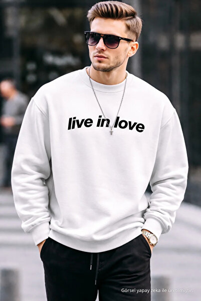 COMBİNE MİCHAİL Written Design Cotton Casual Men's Ecru Sweatshirt