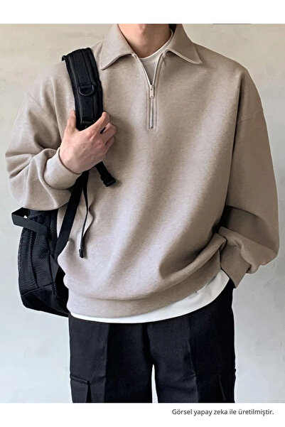 COMBİNE MİCHAİL Erkek Polo Yaka Yarım Fermuarlı Sweatshirt BEJ