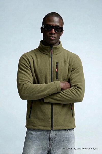 COMBİNE MİCHAİL Men's Zippered Stand Collar Loose Khaki Fleece