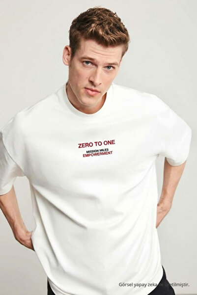 COMBİNE MİCHAİL Men's Zero Printed Oversize Ecru T-Shirt