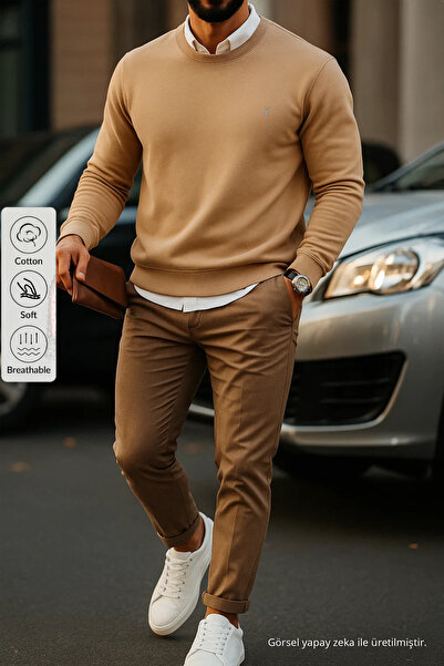 COMBİNE MİCHAİL Men's Basic Crew Neck Caramel Sweatshirt
