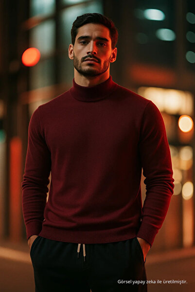 COMBİNE MİCHAİL Men's Half Turtleneck Burgundy Knit Sweater
