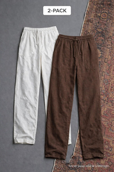 COMBİNE MİCHAİL Men's Elastic Waist Relaxed 2-Pack Linen Pants