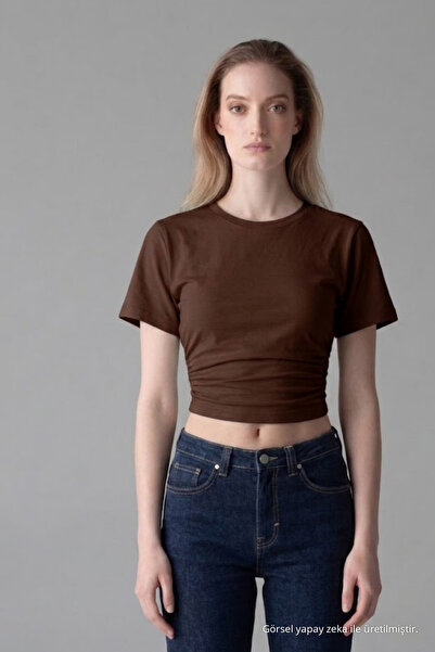 COMBİNE MİCHAİL Women's Wide Short Sleeve Coffee Crop T-Shirt