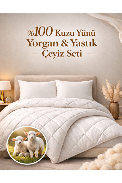 %100 Kuzu Yünü Standart Boy Çift Kişilik Yorgan + 2 Adet Yastık