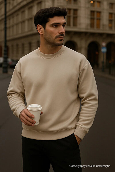 COMBİNE MİCHAİL Men's Oversized Winter Cream Long Sweater